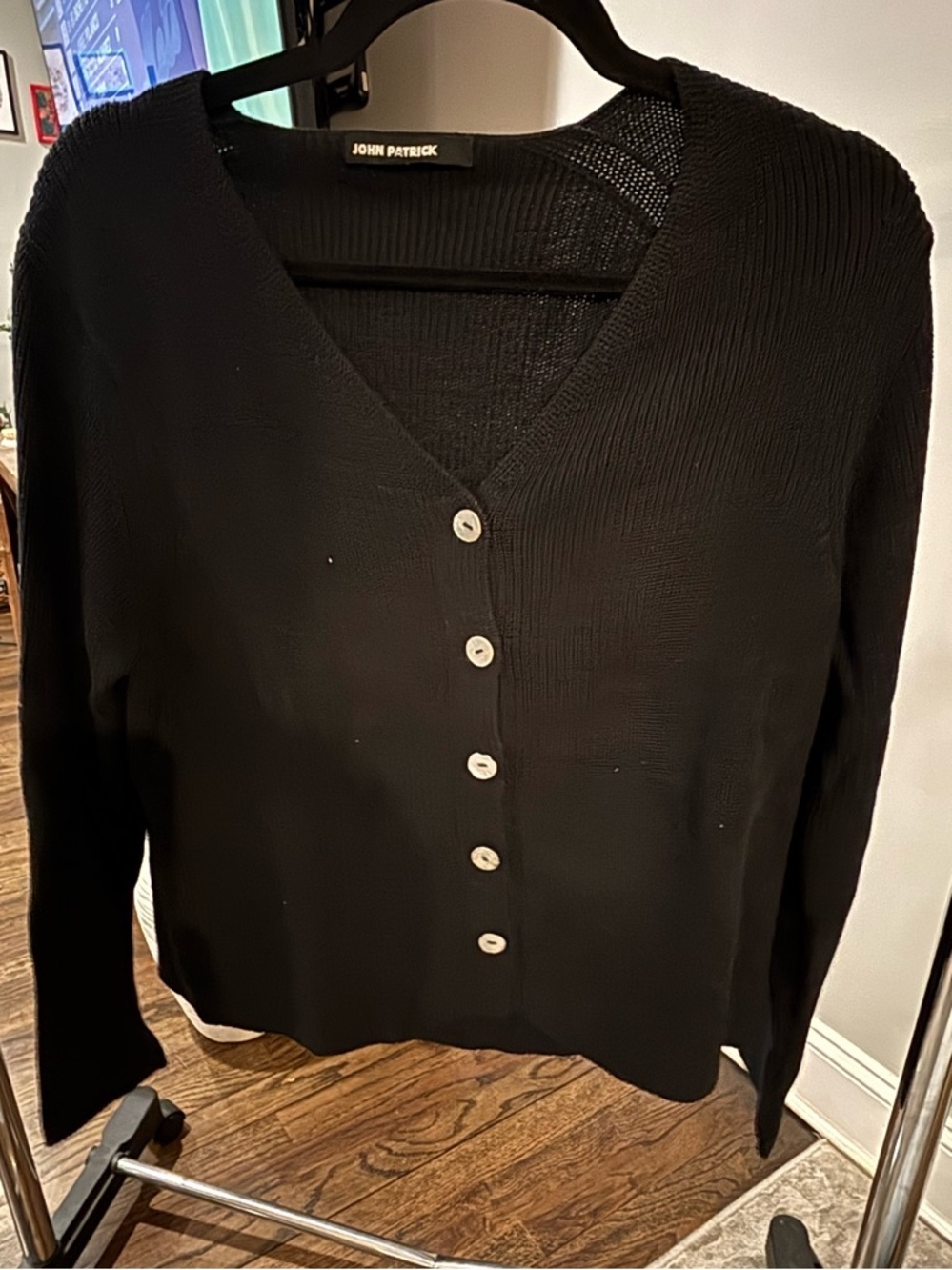 John Patrick Black V-Neck Button Cardigan with mother of pearl buttons size L